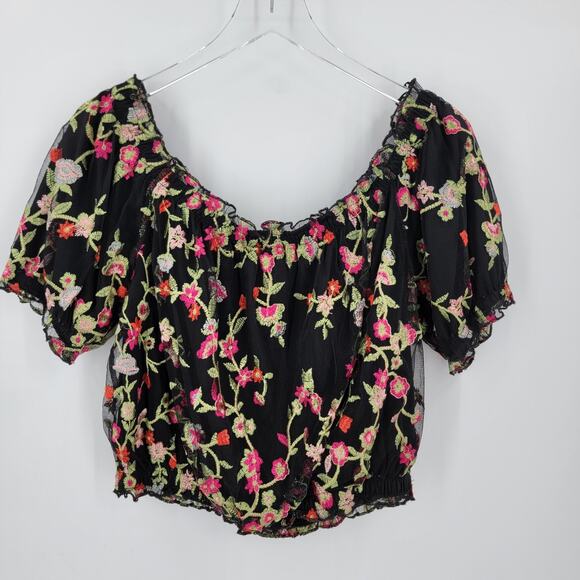 Forever 21+ Crop Top Womens 1X Off the Shoulder Black Floral Embroidered Boho - Picture 6 of 10